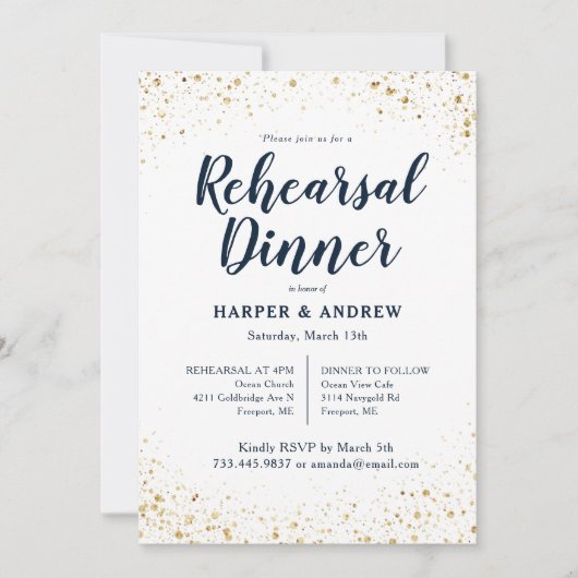 金ゴールドグリッターネイビーブルーウォーターカラーリハーサルディナー 招待状 (正面)