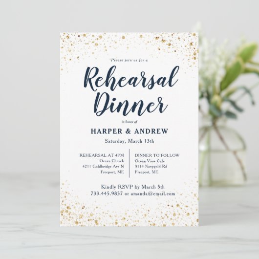 金ゴールドグリッターネイビーブルーウォーターカラーリハーサルディナー 招待状 (スタンド正面)