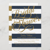 金ゴールドグリッターネイビーブルーストリップシャワー招待状 招待状 (正面/裏面)