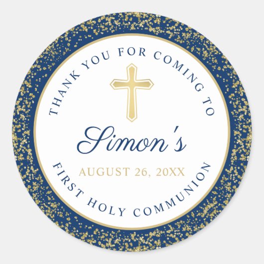 金ゴールドグリッターネイビーブルーファースト聖餐式 ラウンドシール (正面)