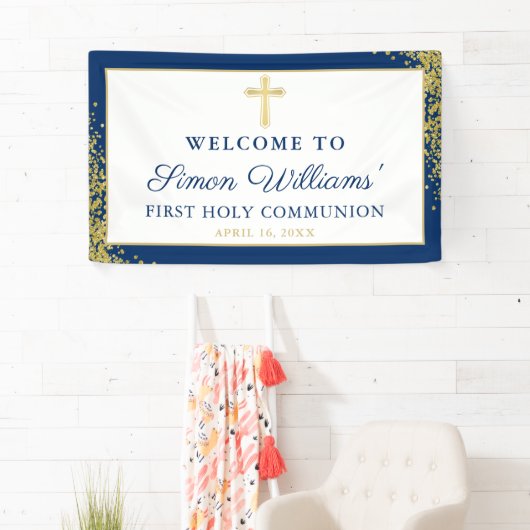 金ゴールドグリッターネイビーブルーファースト聖餐式 横断幕 (インサイチュ)