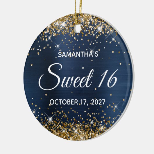 金ゴールドグリッターネイビーブルーフォイルスウィート16誕生日 セラミックオーナメント (左)