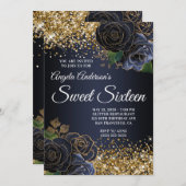 金ゴールドグリッターネイビーブルーフローラグラムSweet sixteen 招待状 (正面/裏面)