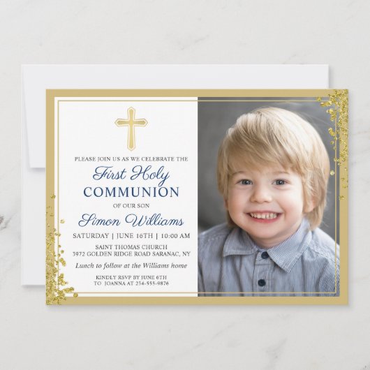 金ゴールドグリッターネイビーブルー第一聖体拝領写真 招待状 (正面)