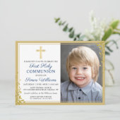 金ゴールドグリッターネイビーブルー第一聖体拝領写真 招待状 (スタンド正面)