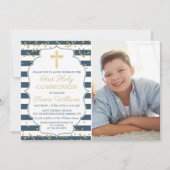 金ゴールドグリッターネイビーブルー第一聖体拝領写真 招待状 (正面)