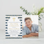 金ゴールドグリッターネイビーブルー第一聖体拝領写真 招待状 (スタンド正面)