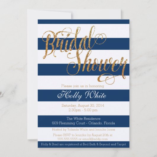 金ゴールドグリッターネービーブライダストライプルシャワー招待 招待状 (正面)