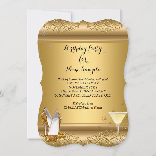 金ゴールドグリッターハイヒールカクテルバースデーパーティー4 招待状 (裏面)