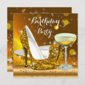 金ゴールドグリッターハイヒールシャンパンバースデーパーティー2 招待状 (正面/裏面)