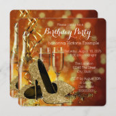 金ゴールドグリッターハイヒールシャンパンバースデーパーティー 招待状 (正面/裏面)