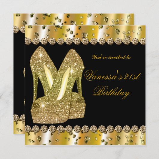 金ゴールドグリッターハイヒール誕生日パーティーの招待 招待状 (正面/裏面)