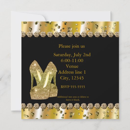 金ゴールドグリッターハイヒール誕生日パーティーの招待 招待状 (裏面)