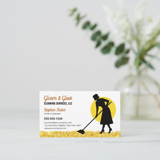 金ゴールドグリッターハウスクリーニング清掃サービス 名刺 (スタンド正面)