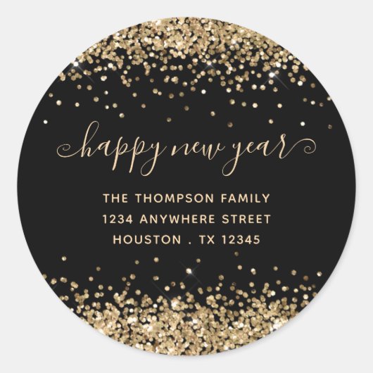 金ゴールドグリッターハッピーニューイヤー名アドレスブラック ラウンドシール (正面)