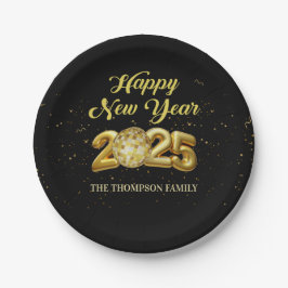 金ゴールドグリッターハッピーニューイヤー2025紙プレート ペーパープレート