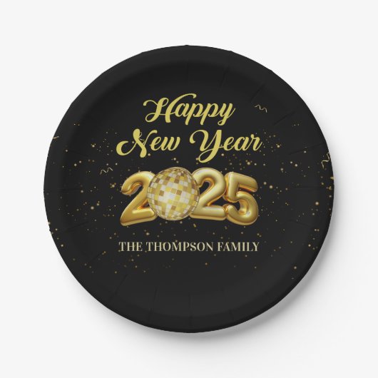 金ゴールドグリッターハッピーニューイヤー2025紙プレート ペーパープレート (正面)