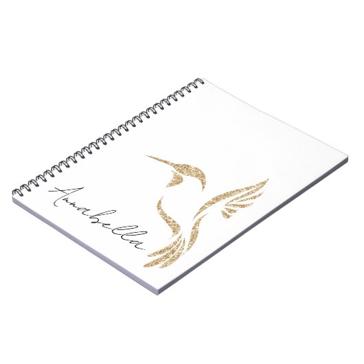 金ゴールドグリッターハミングバードと名前をカスタムする ノートブック (左側)