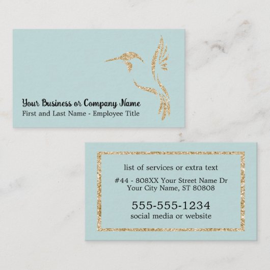 金ゴールドグリッターハミングバードオンライトティール（緑がかった色） 名刺 (正面/裏面)