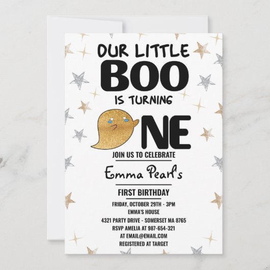 金ゴールドグリッターハロウィンファースト誕生日ボーイパーティー 招待状 (正面)