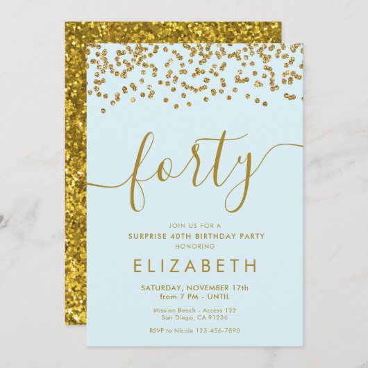 金ゴールドグリッターハロー40フォーティート誕生日招待状 招待状 (正面/裏面)