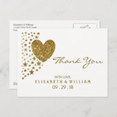 金ゴールドグリッターハートとスター結婚ズ・サンキュー ポストカード (正面/裏面)