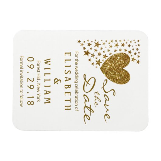 金ゴールドグリッターハートとスター結婚式の日付を保存 マグネット (横)