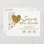 金ゴールドグリッターハートとスター結婚式の日付を保存 案内ポストカード (正面/裏面)