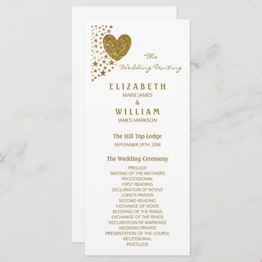 金ゴールドグリッターハートと星結婚式 プログラム (正面/裏面)