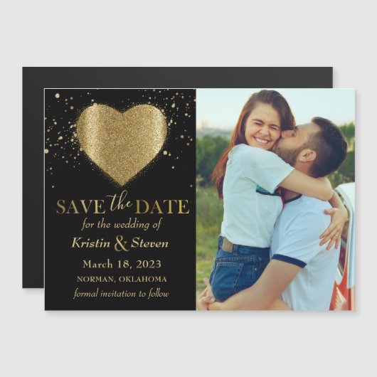 金ゴールドグリッターハート写真Save the Date Magnet (正面/裏面)