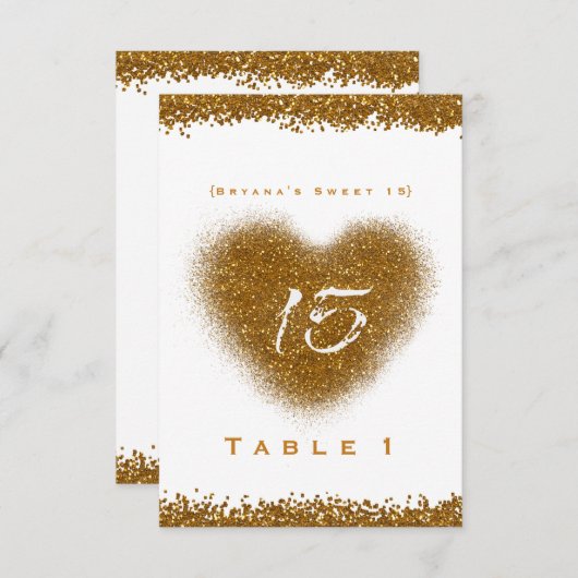 金ゴールドグリッターハート15 Quinceinceraテーブル番号 招待状 (正面/裏面)