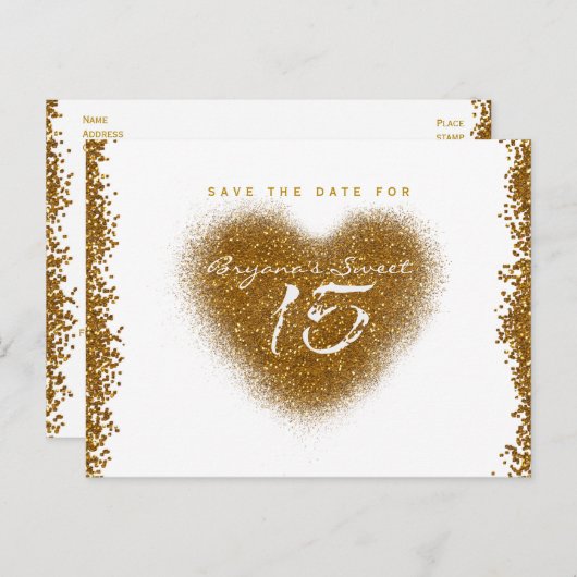 金ゴールドグリッターハート15 Quinceincera日付を保存 案内ポストカード (正面/裏面)