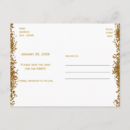 金ゴールドグリッターハート15 Quinceincera日付を保存 案内ポストカード (裏面)