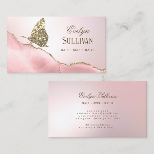 金ゴールドグリッターバタフライピンク赤面瑪瑙 名刺 (正面/裏面)