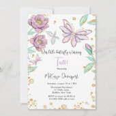 金ゴールドグリッターバタフライフラワーガールバースデーパーティー 招待状 (正面)