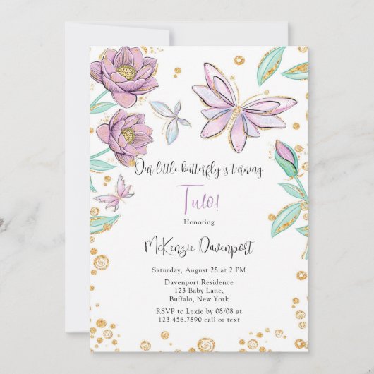 金ゴールドグリッターバタフライフラワーガールバースデーパーティー 招待状 (正面)