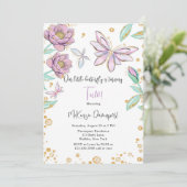 金ゴールドグリッターバタフライフラワーガールバースデーパーティー 招待状 (スタンド正面)