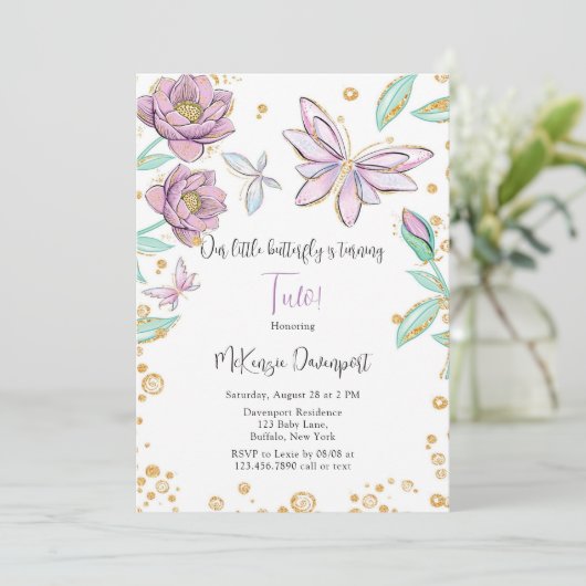 金ゴールドグリッターバタフライフラワーガールバースデーパーティー 招待状 (スタンド正面)