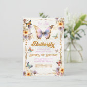 金ゴールドグリッターバタフライ誕生日招待状 招待状 (スタンド正面)