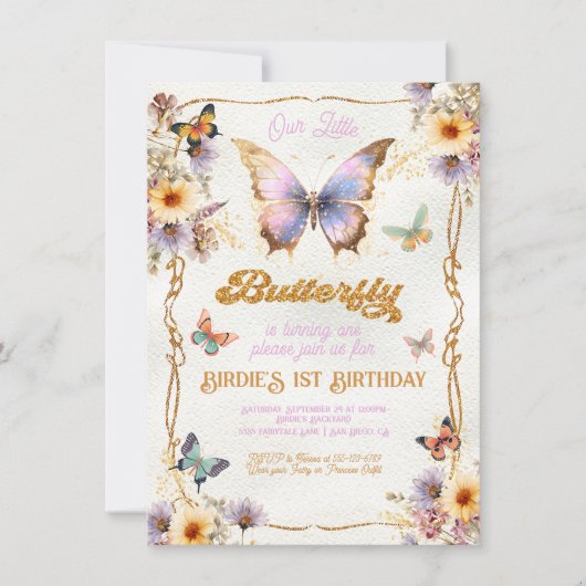 金ゴールドグリッターバタフライ誕生日招待状 招待状 (正面)