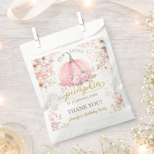 金ゴールドグリッターバラフローラガールカボチャ1st誕生日 フェイバーバッグ (クリップ留めされた状態)