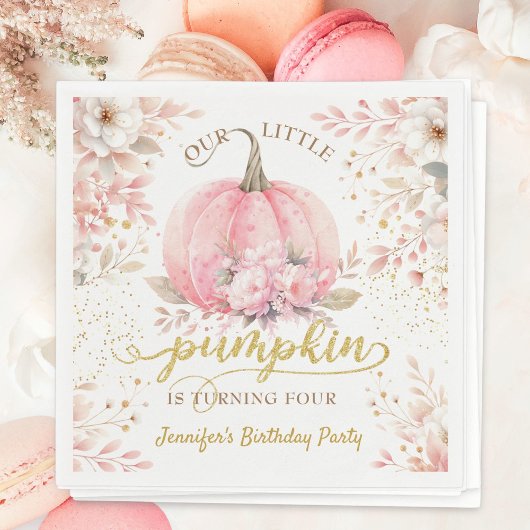 金ゴールドグリッターバラフローラガールカボチャ4th誕生日 スタンダードカクテルナプキン