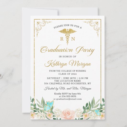 金ゴールドグリッターバラ園看護卒業写真 招待状 (正面)