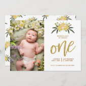 金ゴールドグリッターバラ&ボタニカル葉1st誕生日 招待状 (正面/裏面)