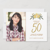 金ゴールドグリッターバラ&ボ葉タニカル誕生日50th 招待状 (正面)