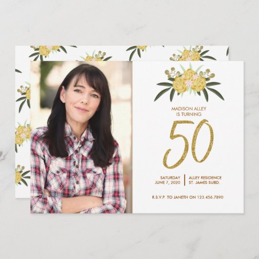 金ゴールドグリッターバラ&ボ葉タニカル誕生日50th 招待状 (正面/裏面)