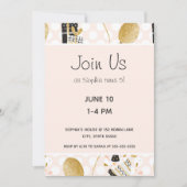 金ゴールドグリッターバルーンとハット子供の誕生日パーティー 招待状 (正面)