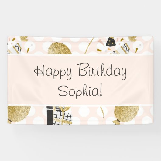 金ゴールドグリッターバルーンとパーティーハットキッド誕生日 横断幕 (横)