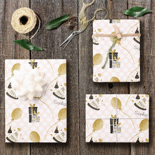 金ゴールドグリッターバルーンとパーティー帽子子供の誕生日 ラッピングペーパーシート