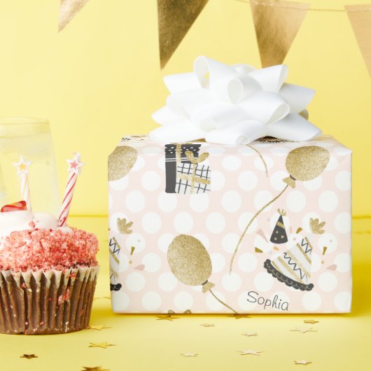 金ゴールドグリッターバルーンとパーティー帽子子供の誕生日 ラッピングペーパー (誕生日パーティー)